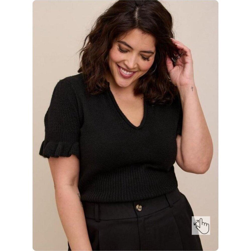 Torrid Vegan Cashmere Luxurious Soft V-Neck Ruffled Sleeve Sweater Black Size 6X